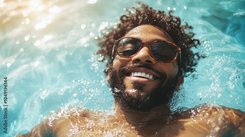 A relaxed man with curly hair and a beard floats effortlessly in a sunlit pool, highlighting a carefree summer leisure setting with his reflective sunglasses. A relaxed man with curly hair and a beard floats effortlessly in a sunlit pool, highlighting a carefree summer leisure setting with his reflective sunglasses.