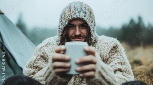 A man in a warm knitted sweater sits outside, holding a mug amidst a natural, slightly blurred background, emphasizing the chilly, comforting atmosphere.