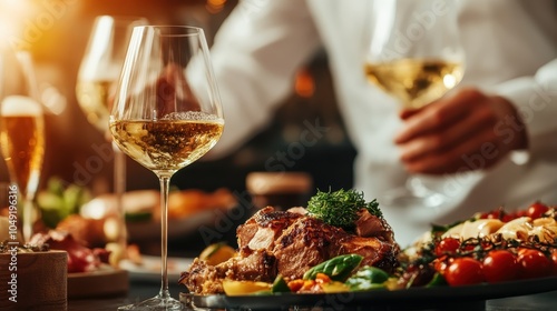 A lavish dinner spread prominently displaying roasted meat garnished with greens, accompanied by vegetables and a backdrop of refined dining, celebrating culinary excellence. photo