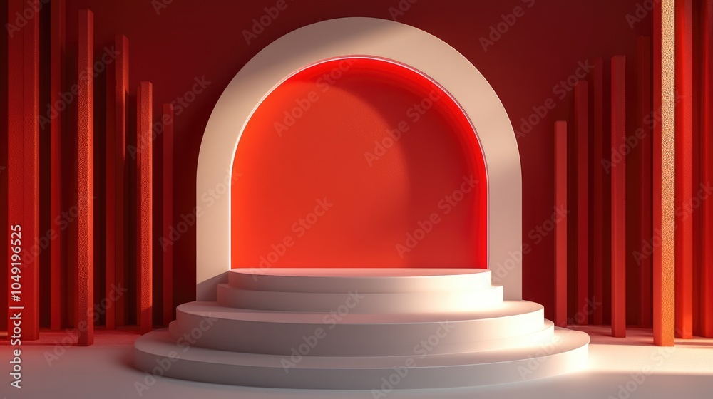 White Circular Platform with Red Archway and Pillars White Circular Platform with Red Archway and Pillars