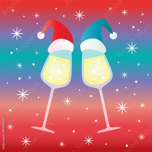 Vector chin chin party illustration. Two wine with christmas hats champagne glasses cheering. New year design