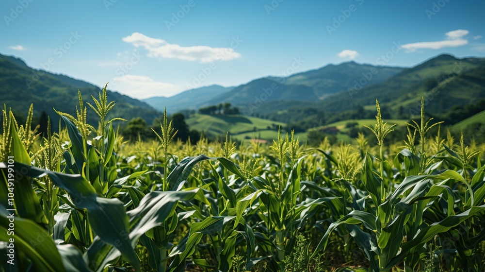 Beautiful sunny day over the green large field of corn. Majestic rural landscape with blue sunny sky with clouds. Idea concept corn harvest. Beautiful sunny day over the green large field of corn. Majestic rural landscape with blue sunny sky with clouds. Idea concept corn harvest.