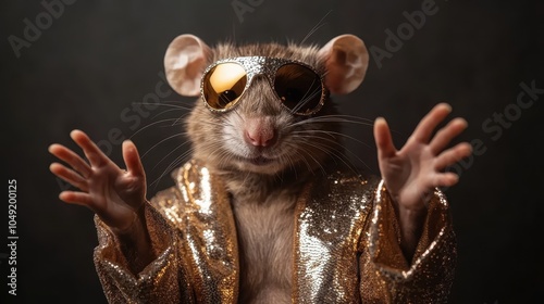 A fashionable rat wearing reflective sunglasses and a shiny gold jacket, standing confidently with paws raised against a dark background, showcasing style and charisma. photo