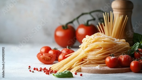 A rustic display of uncooked spaghetti and whole ripe tomatoes with green leaves, creating a traditional Italian culinary scene on a soft background. photo