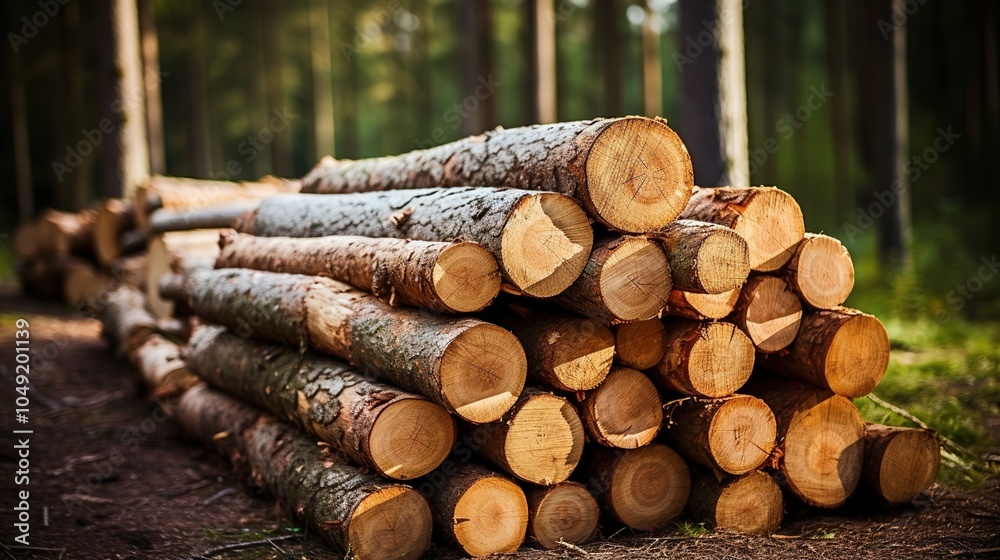Log trunks pile in the forest. The logging timber wood industry Log trunks pile in the forest. The logging timber wood industry