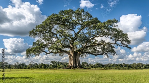 A majestic, ancient tree with sprawling branches stands tall in a field of green grass under a bright blue sky with puffy white clouds.