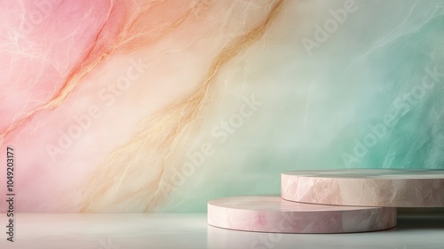 A visually pleasing composition of pastel-colored stone circles rests on a surface, with a marbled texture comprised of pink and green hues serving as the backdrop of this abstract image. photo