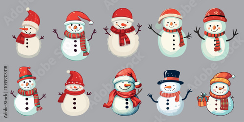 Snowmen collection. Christmas set isolated on a light background. Vector. A group of snowmen wearing red hats and scarves.