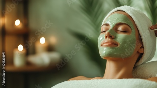 A woman enjoys a relaxing spa day, wearing a green face mask and surrounded by candles, embodying self-care and tranquility in a luxurious setting.