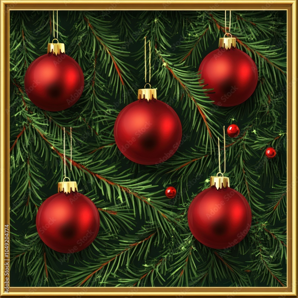 Five Red Christmas Ornaments Hanging on a Green Pine Branch Five Red Christmas Ornaments Hanging on a Green Pine Branch