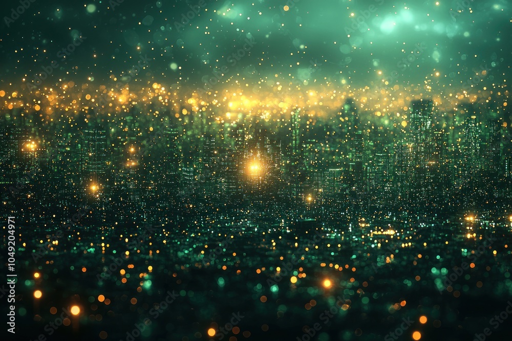 Fototapeta premium A Green and Gold Cityscape with Blurred Lights