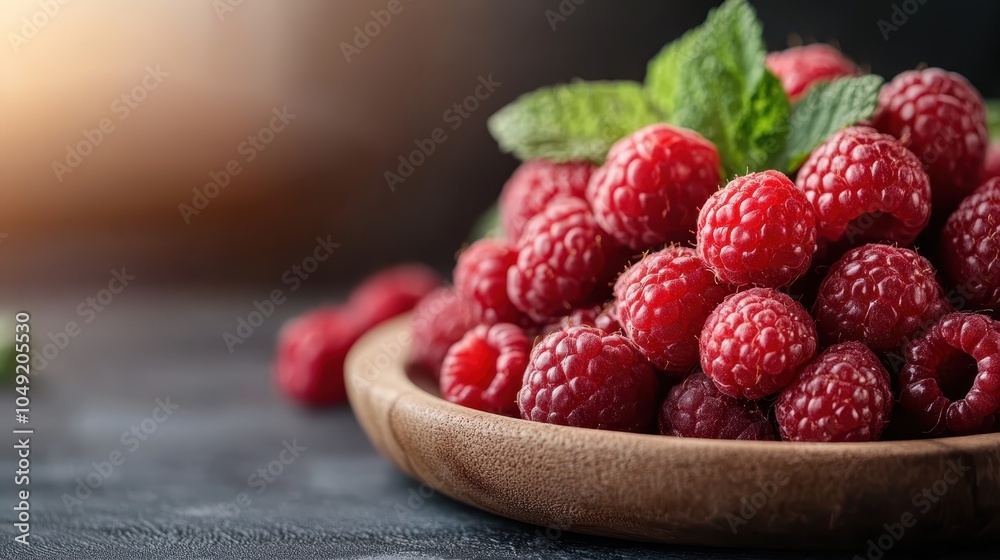 A rustic wooden bowl overflows with ripe raspberries adorned with fragrant mint leaves, giving a vibrant, fresh essence to the lush, organic presentation. A rustic wooden bowl overflows with ripe raspberries adorned with fragrant mint leaves, giving a vibrant, fresh essence to the lush, organic presentation.