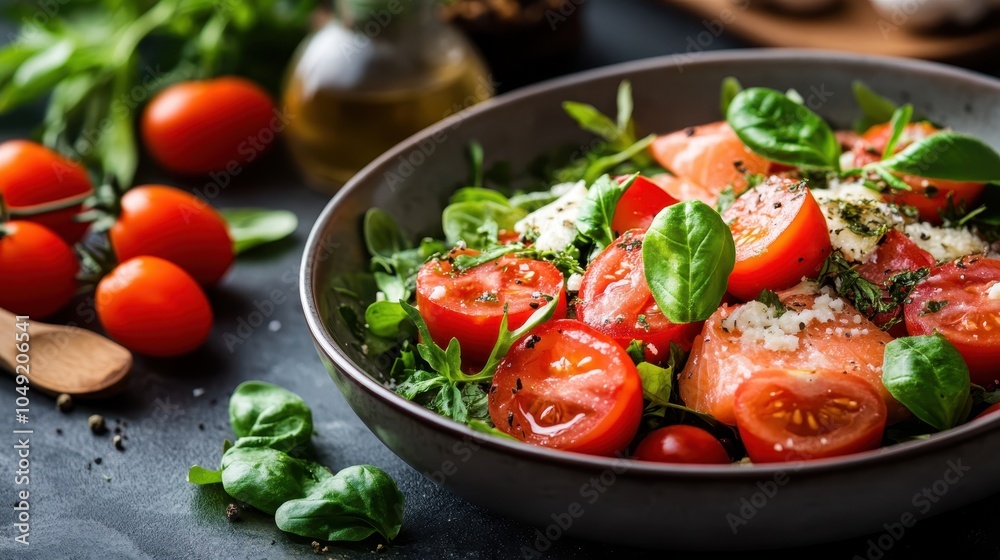 A fresh salad features vibrant salmon, leafy greens, and ripe tomatoes, topped with crumbled cheese, representing a healthy and delicious culinary choice. A fresh salad features vibrant salmon, leafy greens, and ripe tomatoes, topped with crumbled cheese, representing a healthy and delicious culinary choice.