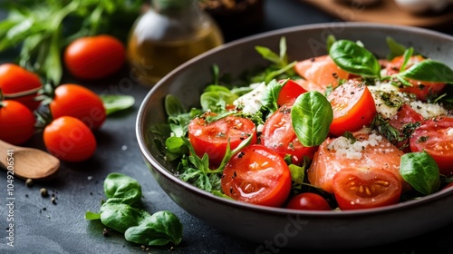 Wallpaper Mural A fresh salad features vibrant salmon, leafy greens, and ripe tomatoes, topped with crumbled cheese, representing a healthy and delicious culinary choice. Torontodigital.ca