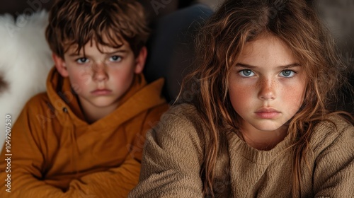 An image depicting two children sitting indoors with intense gazes, capturing the intimate and deep bond between them within a relaxed home environment. photo