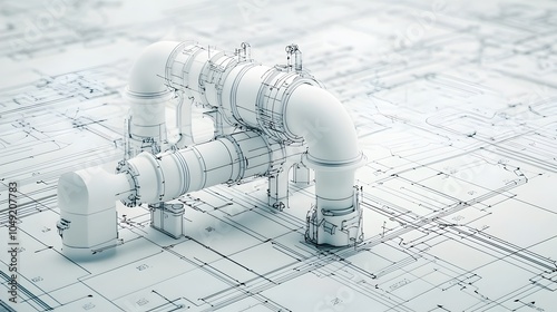 3D rendering of a detailed schematic diagram showcasing intricate plumbing pipework joints and fittings depicted in construction blueprint or engineering plans