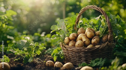 A bountiful harvest of freshly picked potatoes nestled in a rustic wicker basket against the backdrop of a verdant thriving garden The image captures the essence of a successful agricultural season