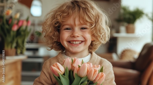 A joyful child holding a colorful bouquet of tulips radiates happiness and innocence, captured in a warmly lit room with blurred background elements creating depth.