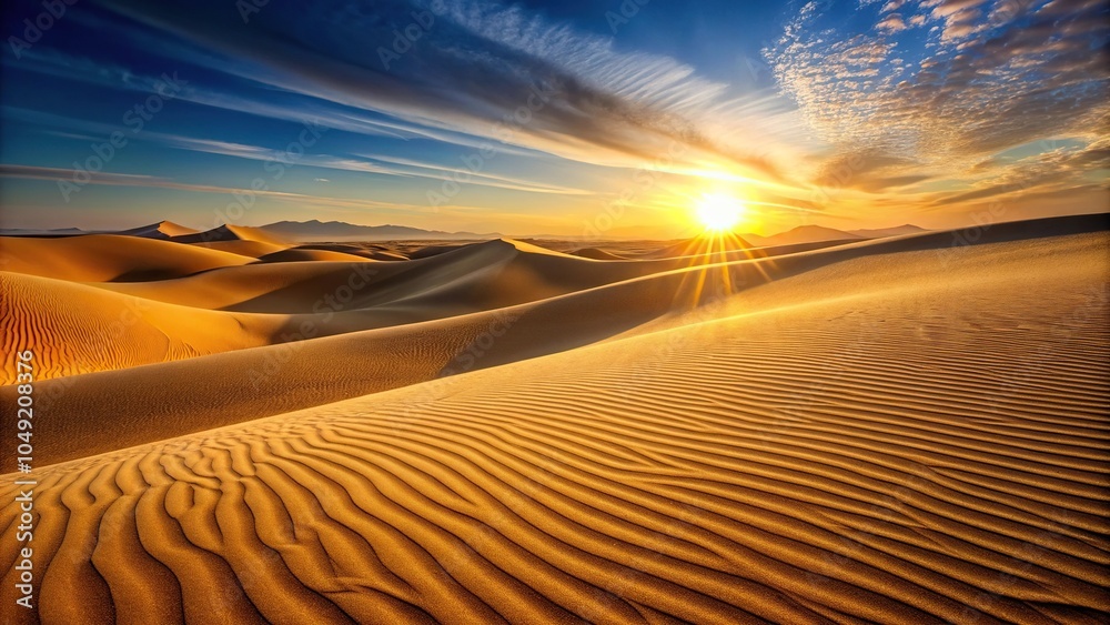 Naklejka premium Softly glowing golden sand dunes stretching towards the horizon at sunrise, sunlight, golden, desert