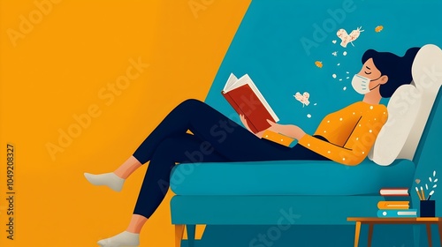 A person recovering from a bout of the flu is resting and relaxing at home reading a book to aid their wellness and healing process photo