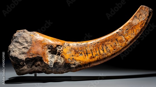 Detailed and well preserved mammoth tusk fossil from the Ice Age era discovered and studied by paleontologists at an archaeological excavation site