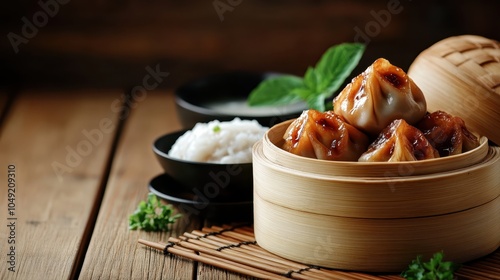 Appetizing dumplings arranged in a bamboo steamer, accompanied by a side of fragrant rice and garnished with fresh herbs, offering a flavorful dining experience. photo