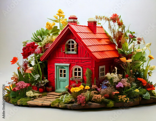 3d house in the garden and  tree.