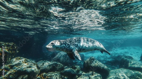 Leopard Seal Underwater in Clear Water Scene photo