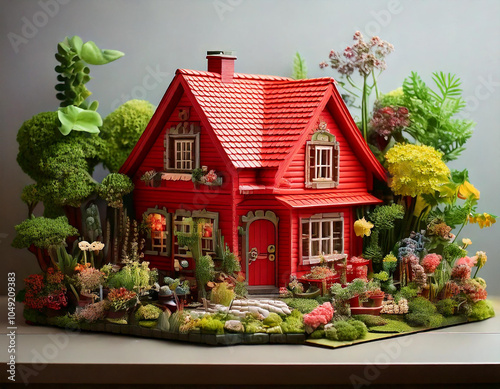 3d house in the garden and  tree.