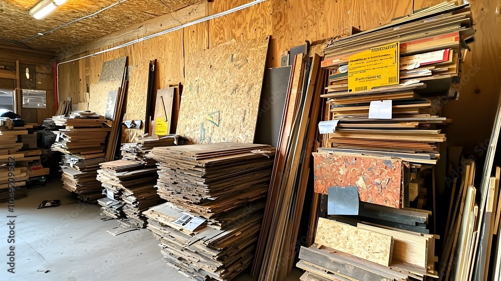 Assorted Plywood Boards and Panels Stacked Haphazardly in a Chaotic Carpentry Workshop or Construction Warehouse Setting Assorted Plywood Boards and Panels Stacked Haphazardly in a Chaotic Carpentry Workshop or Construction Warehouse Setting