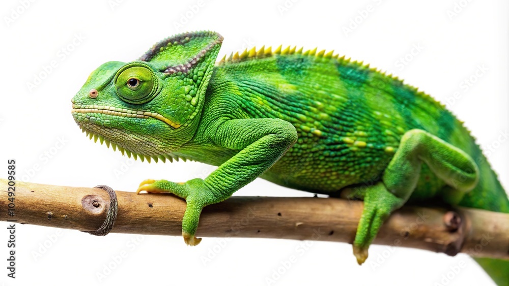Fototapeta premium Silhouette of green chameleon on branch against white background