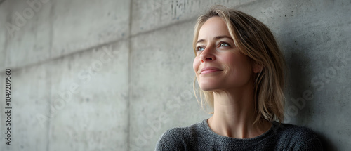 Smiling Woman Looking Up Hopeful and Optimistic Against Concrete Wall, Smiling Woman Looking Up Hopeful and Optimistic Against Concrete