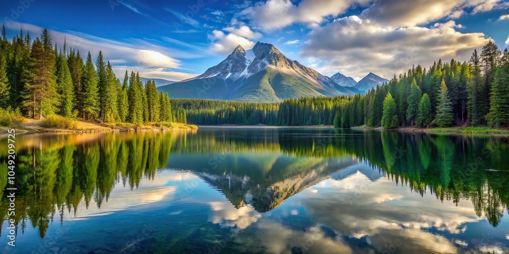 Fototapeta premium Serene lake reflecting majestic mountain backdrop with surrounding forests and waterfalls, lake, landscape, nature, natural scenery
