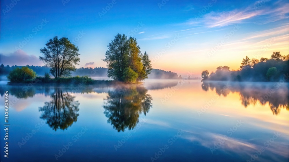 Serene lake at dawn with mist rising from the water surface and surrounding trees, reflecting a soft blue sky, morning, reflection, mist, calm Serene lake at dawn with mist rising from the water surface and surrounding trees, reflecting a soft blue sky, morning, reflection, mist, calm