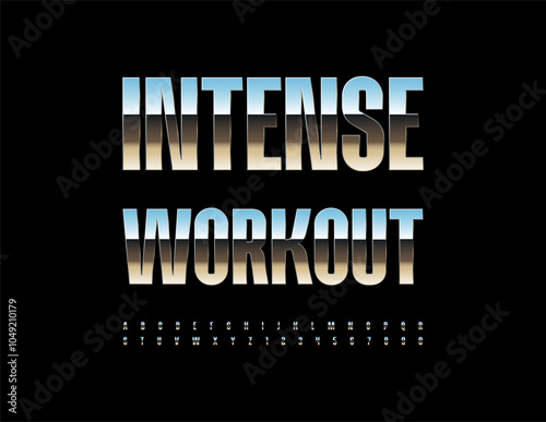 Vector steel logotype Intense Workout. Modern Silver Font. Trendy Metallic Alphabet Letters and Numbers set.