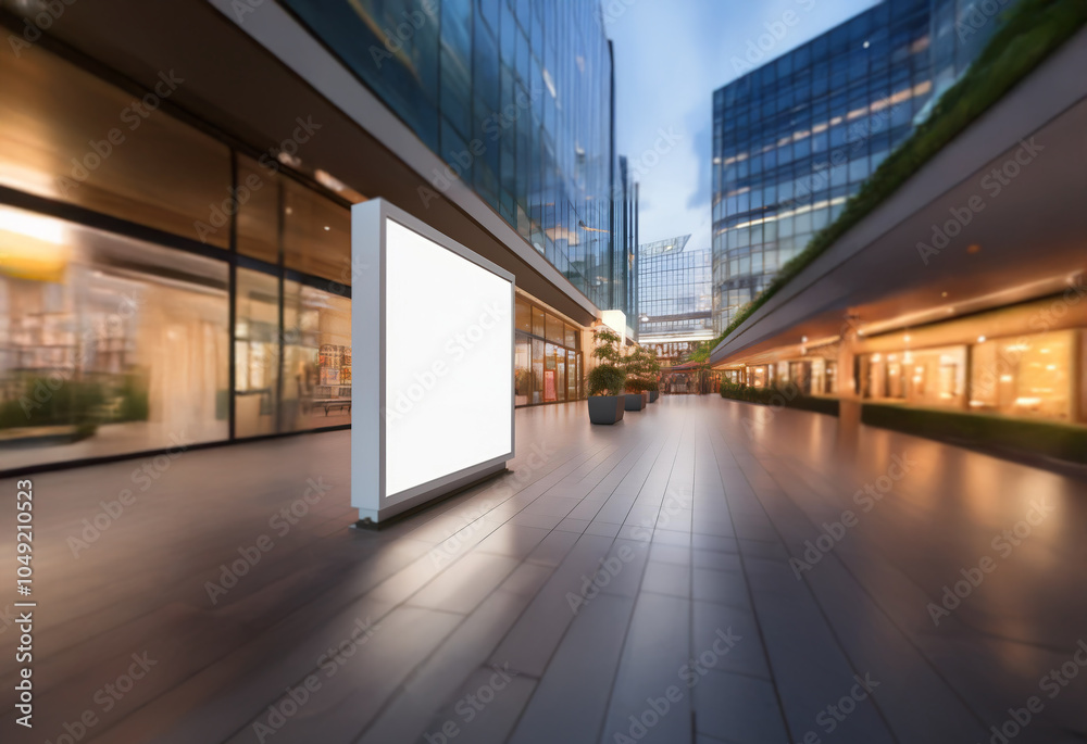 A blank billboard stands tall in a modern shopping mall with sleek glass facades and illuminated walkways. A blank billboard stands tall in a modern shopping mall with sleek glass facades and illuminated walkways.