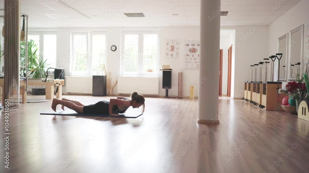 Beautyfull young woman dressed sporty practicing a yoga exercises asanas Surya Namaskar or Sun Salutation in empty gym hall in morning. Active people lifestyle or mental health concept 4K video