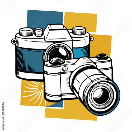 Artistic illustration of vintage cameras with modern geometric background elements
