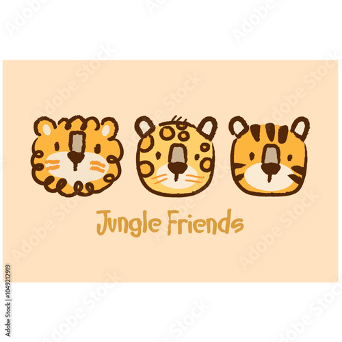 Vector illustration of lion, jaguar and tiger. Cartoon, childish style art. Drawing in stripped lines.