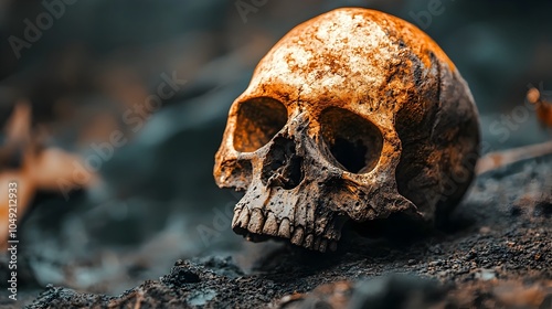 Detailed view of a hominid skull fossil an ancient relic from an early human ancestor such as Homo erectus displayed in a museum exhibit for scientific research and educational purposes