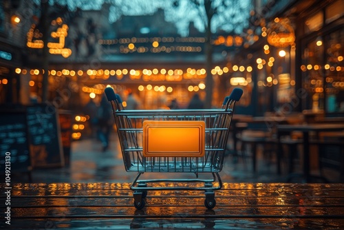 A Miniature Shopping Cart on a Wet Wooden Table with Bokeh Lights in the Background photo