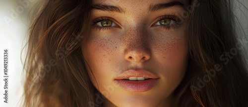 Closeup Portrait of a Young Woman with Freckles and Brown Hair photo