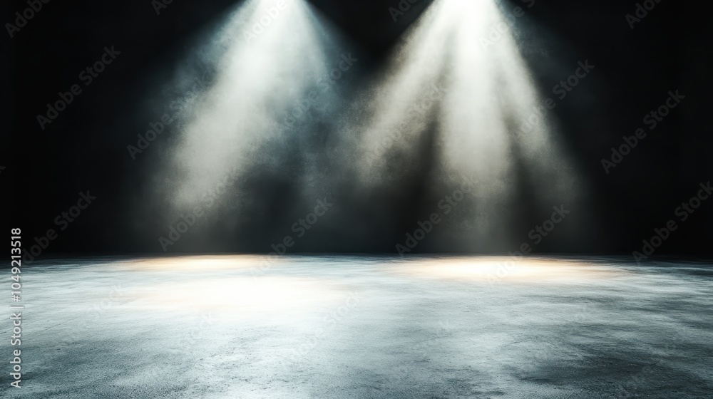 An evocative scene with moody spotlights casting shadows on a textured concrete floor, creating an atmosphere of mystery and drama suitable for theatrical settings. An evocative scene with moody spotlights casting shadows on a textured concrete floor, creating an atmosphere of mystery and drama suitable for theatrical settings.