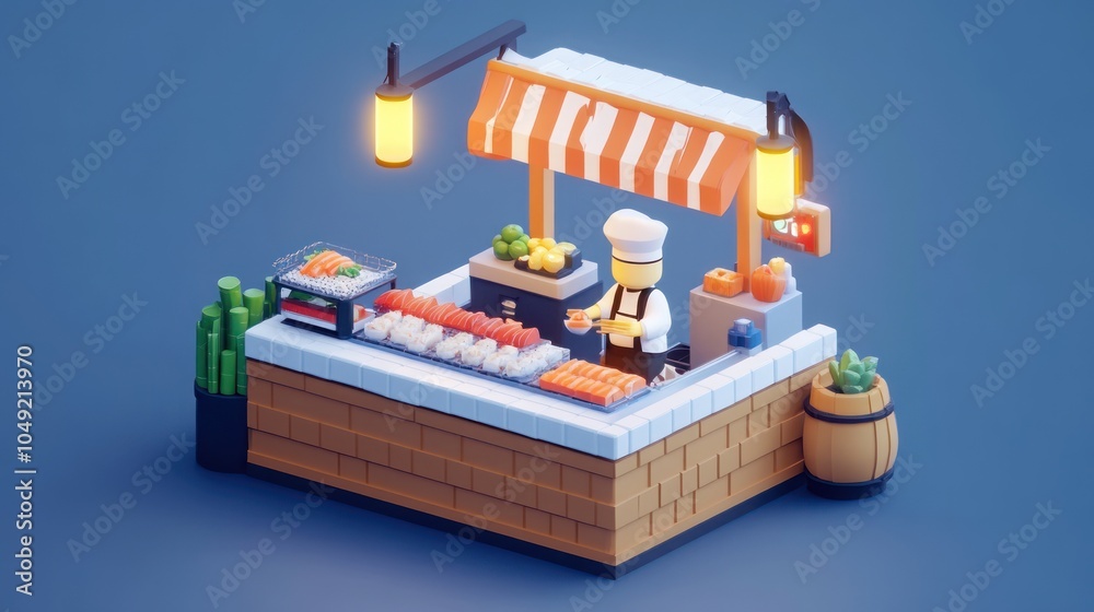 Fototapeta premium A 3D low-poly illustration of a sushi stand with a chef serving customers.