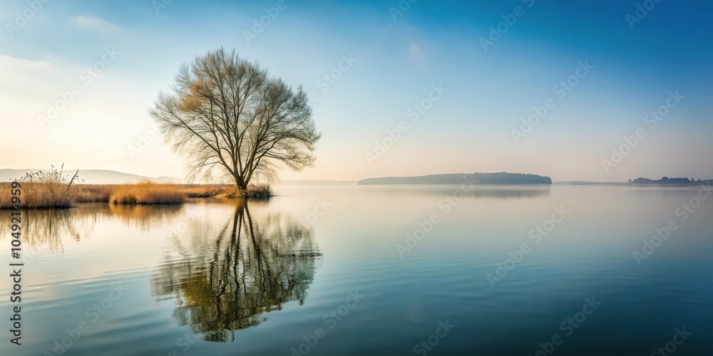 Minimalist lake scene background with tree bushes and calm flowing water at a tilted angle Minimalist lake scene background with tree bushes and calm flowing water at a tilted angle