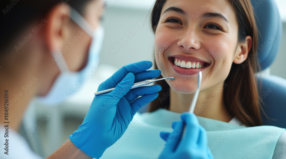 Happy Woman Receiving Dental Care From Professional Dentist in Modern Medical Clinic Happy Woman Receiving Dental Care From Professional Dentist in Modern Medical Clinic