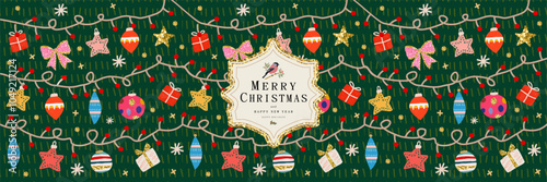 Merry Christmas and Happy New Year! 2025. Vector  illustration of pattern of garland and Christmas toys and balls and Christmas tree for banner, greeting card, postcard, background or congratulation