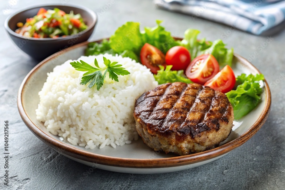 Grilled cutlet burger with boiled rice and salad on a plate Grilled cutlet burger with boiled rice and salad on a plate