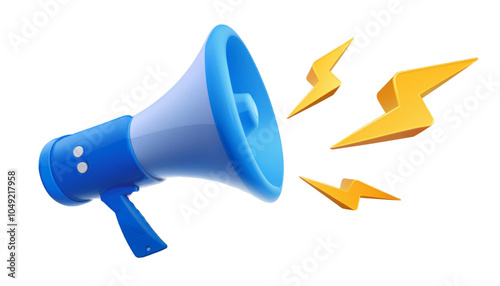 3D Blue megaphone and flash lightnings. Special offer. Social media promotion. Marketing time concept. Loudspeaker or speaker object. Realistic design emoji icon. 3D Vector illustration 