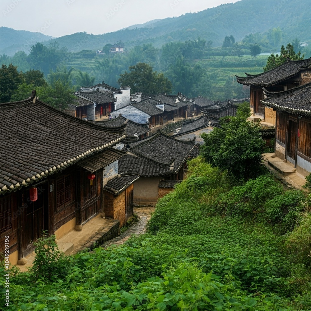 Scenic Forested East Asian Hillside Village Scenic Forested East Asian Hillside Village